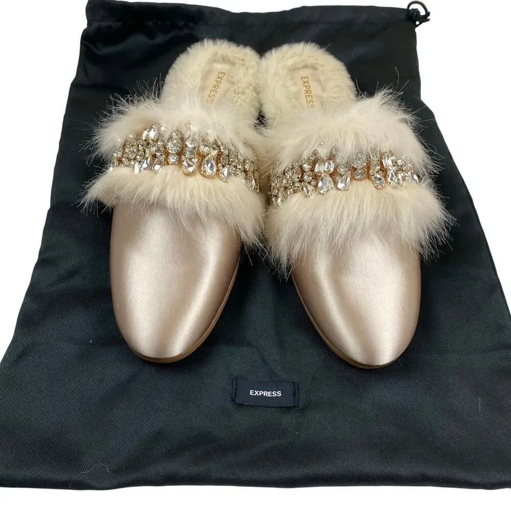 Express Faux Fur Crystal Mule Slippers Pink Coquette Twee Glam Cozy Holiday Chic - Picture 5 of 9